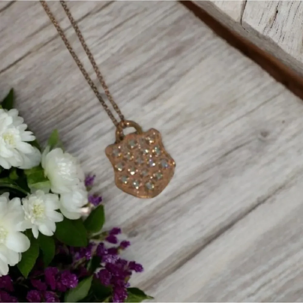 Sparkling Rose Gold Tone Shield Pendant Necklace with Clear Rhinestones
